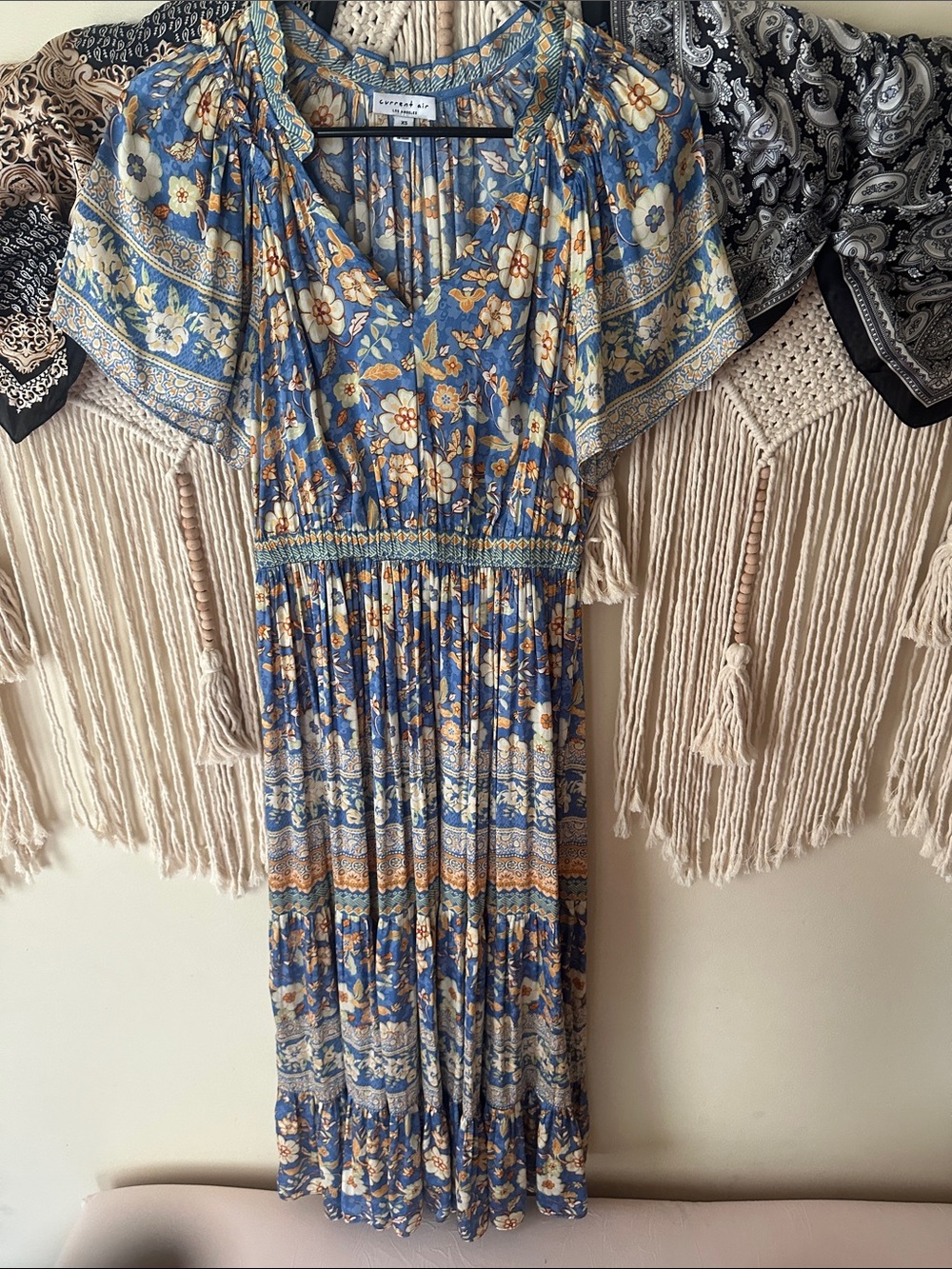 Current Air Blue Floral Midi Dress with Smocked Waist